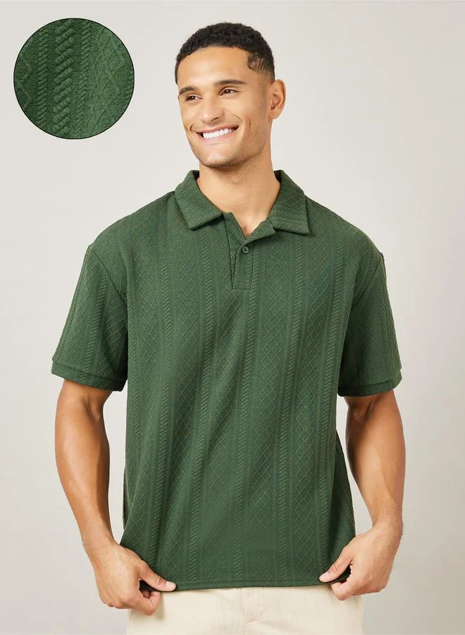Styli Premium Cable Textured Knit Revere Collar Oversized Polo